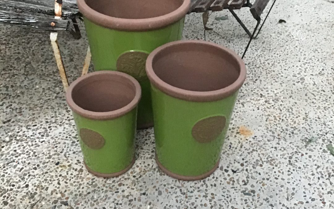 Set of 3 Green Garden Pots with emblem  sm $45 Med $75 Lg $95